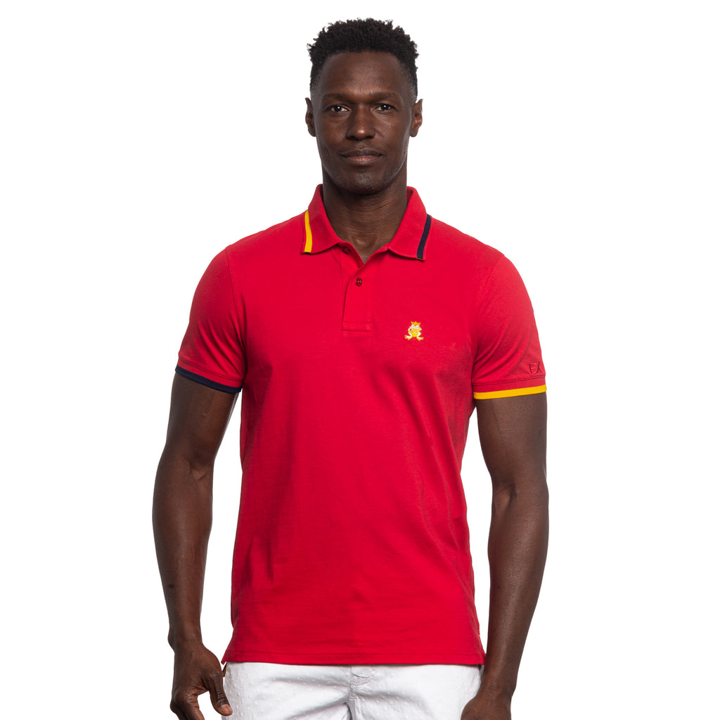 man wearing red slim fit polo with gold frog logo