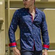 Navy Fill Coupe Button Down Shirt W/ Trim Long Sleeve Button Down EightX   