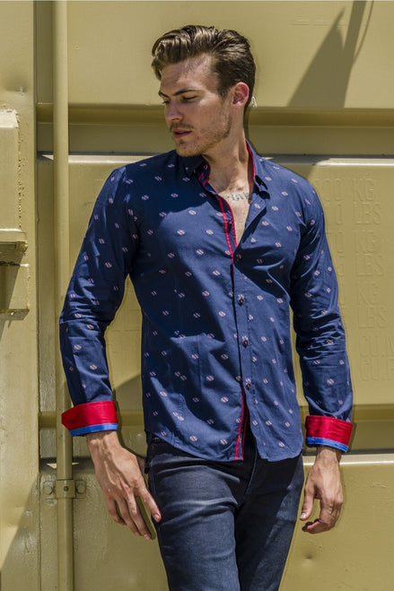 Navy Fill Coupe Button Down Shirt W/ Trim Long Sleeve Button Down EightX   