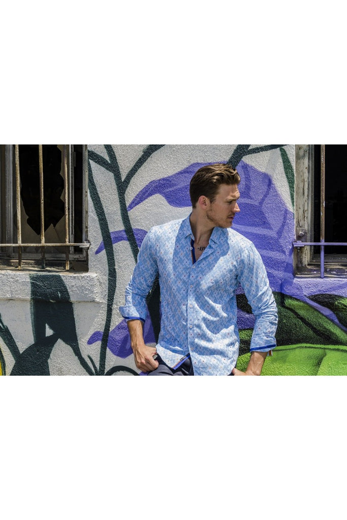 Blue Fill Coupe Button Down Jacquard Shirt W/ Accent Trim Long Sleeve Button Down EightX   