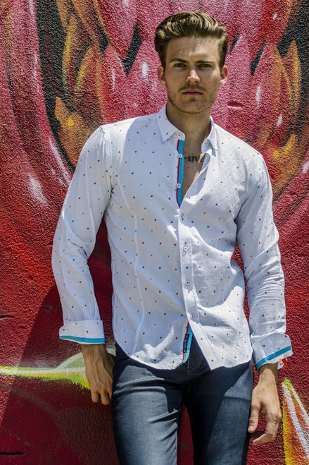 White Fill Coupe Button Down Jacquard Shirt W/ Accent Trim Long Sleeve Button Down EightX   