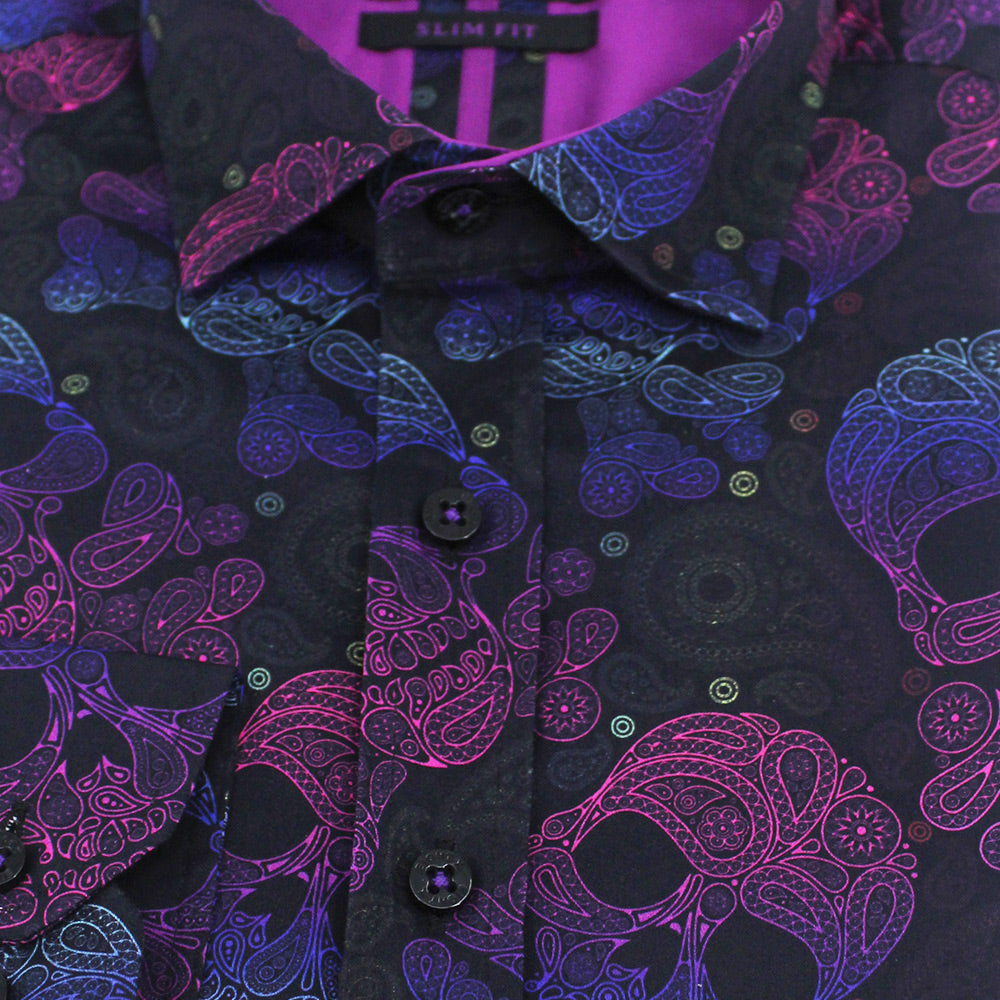Neon Skull and Bones With Paisley Button Down Shirt Long Sleeve Button Down Eight-X   