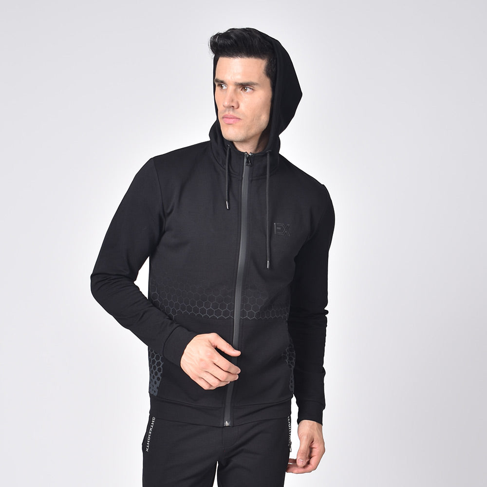 Model in black cotton hoodie with drawstring hood; gradient honeycomb print; full front-zip; front pockets; and silicone “EX” logo on chest.