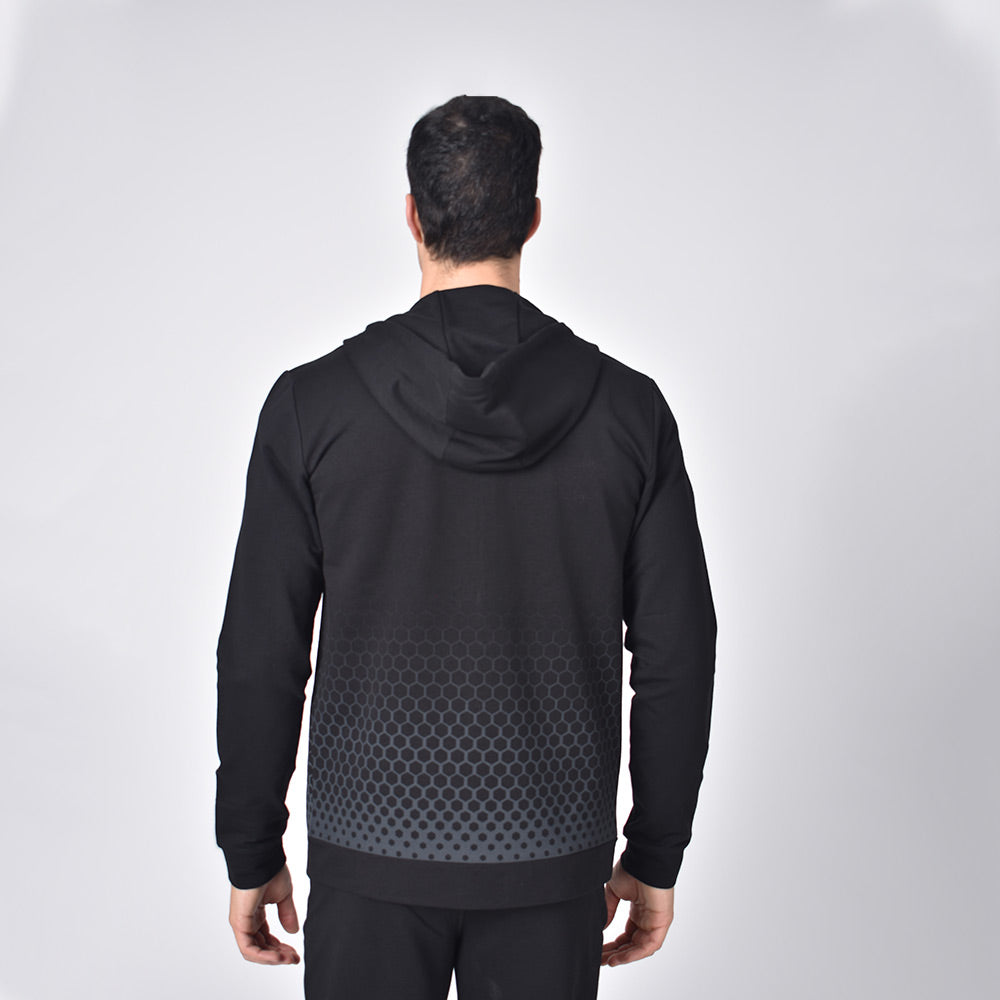 Back view of hoodie with gradient honeycomb print.