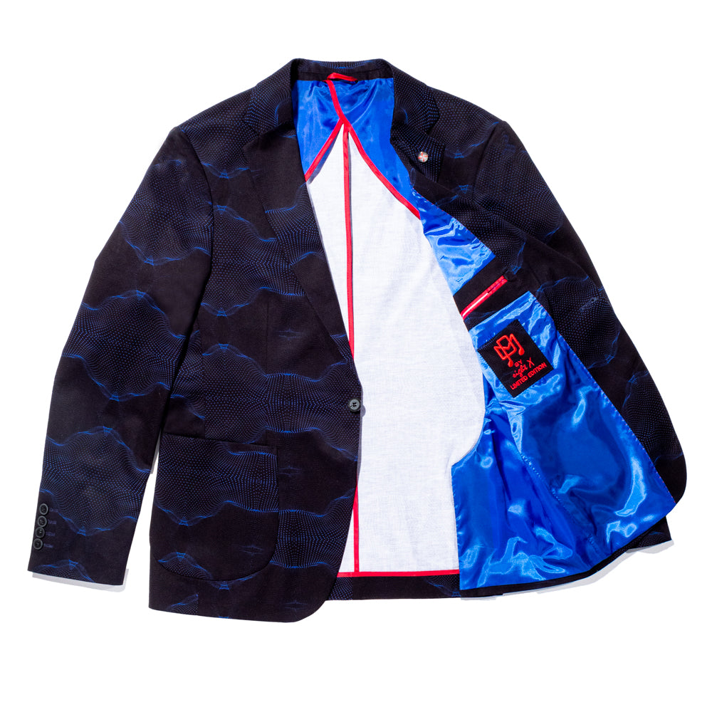 inside view of luxury black jacket with blue particle wave pattern