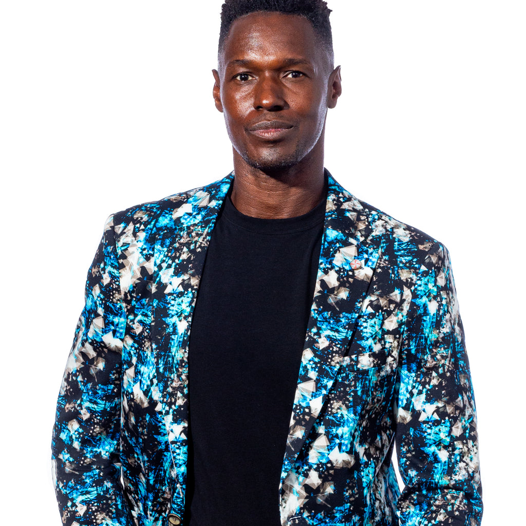 model wearing luxury blazer with blue and white pattern