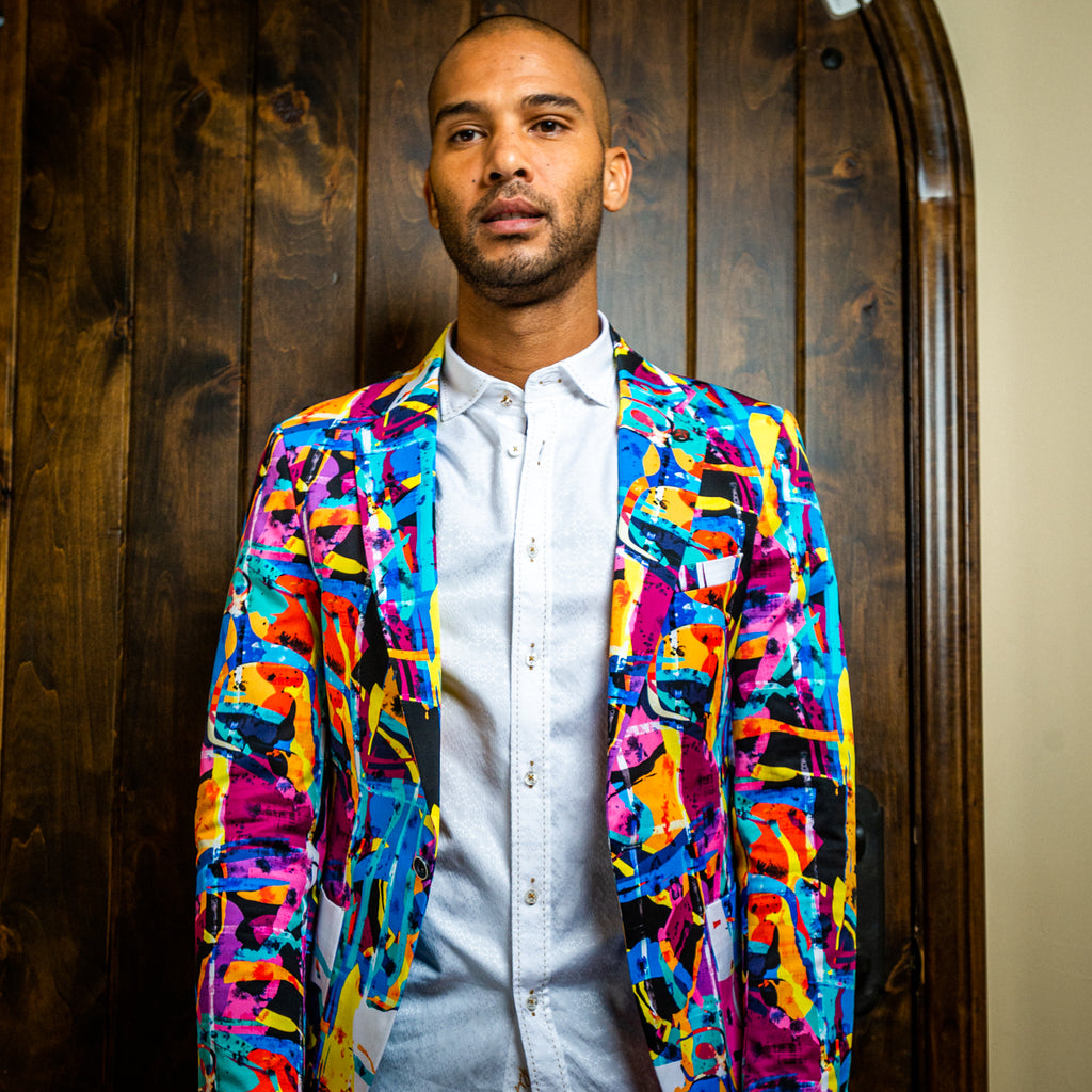 Model wearing abstract luxury multi colored blazer
