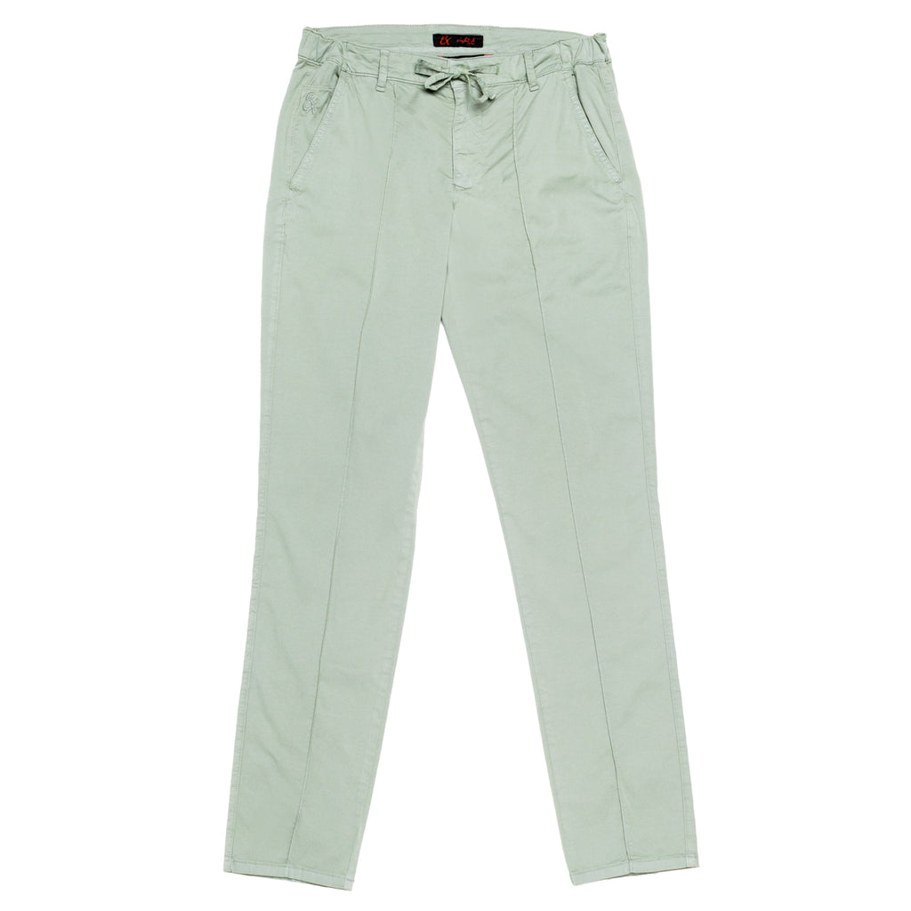 Front view of sage green chino pants with drawstring waist with a stitch going down the middle of the legs
