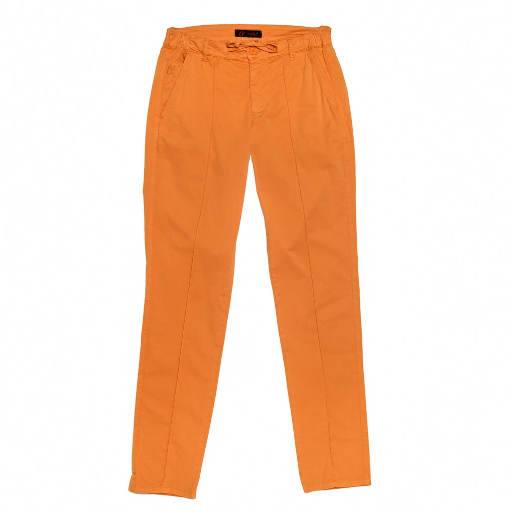 Front view of orange chino pants with drawstring waist with a stitch going down the middle of the legs