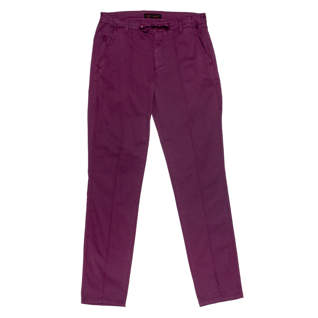 Front view of syrah chino pants with drawstring waist with a stitch going down the middle of the legs