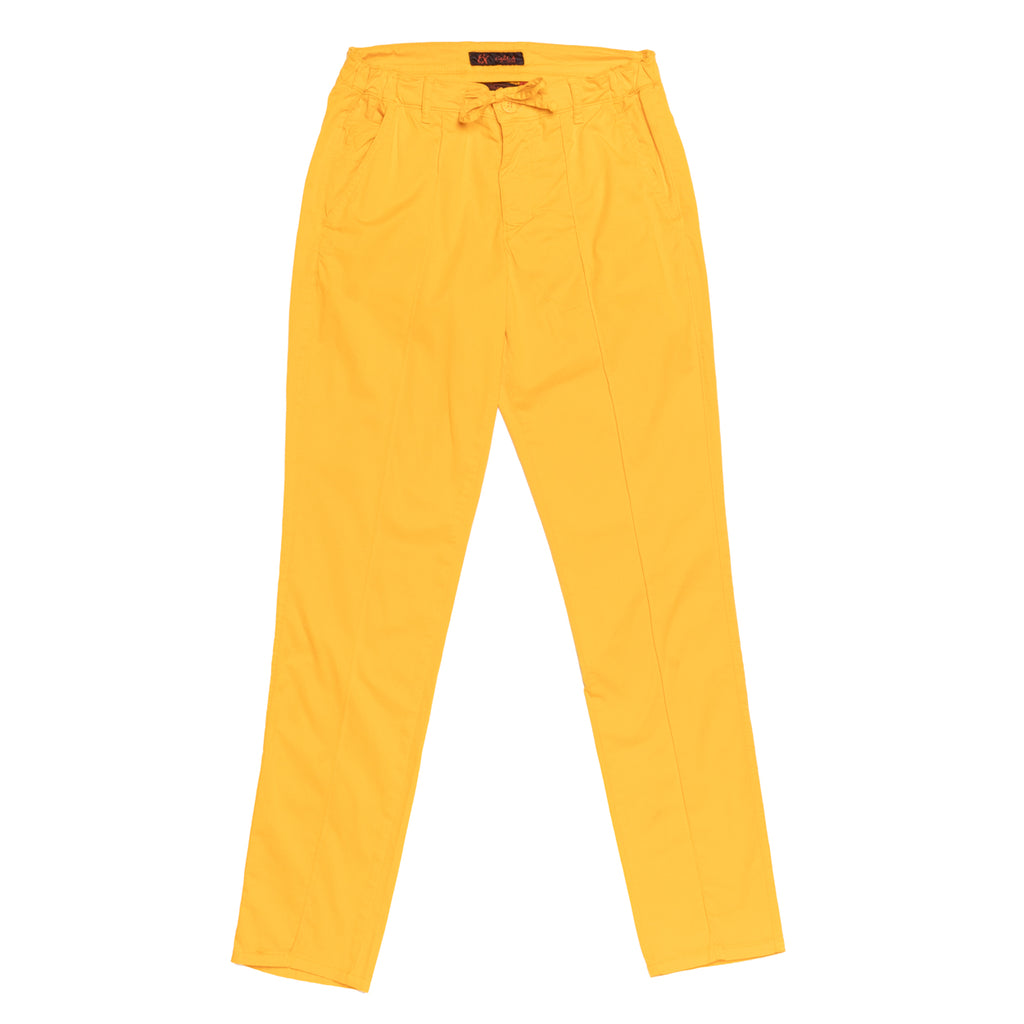 Front view of yellow chino pants with drawstring waist with a stitch going down the middle of the legs