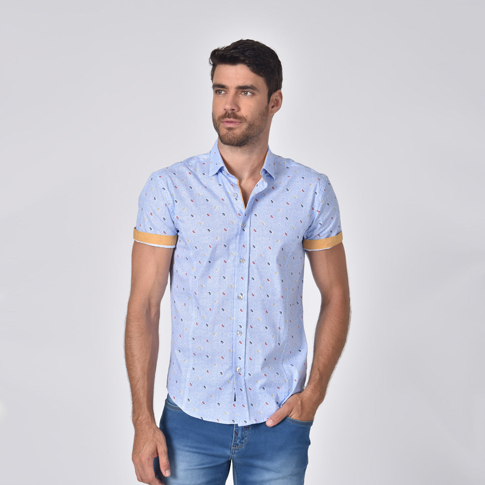 Blue  Tri-Color Paisley Short Sleeve Shirt Short Sleeve Button Down Eight-X   