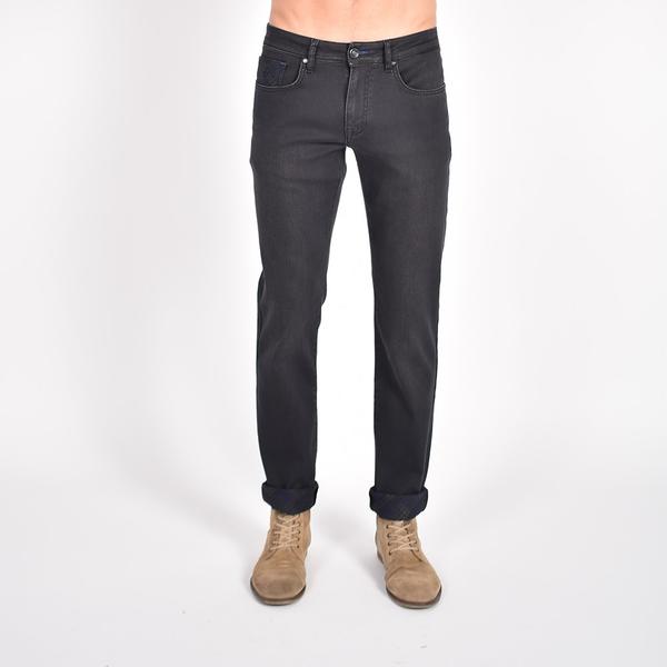 Front-view of black slim-fit jeans with interior print.