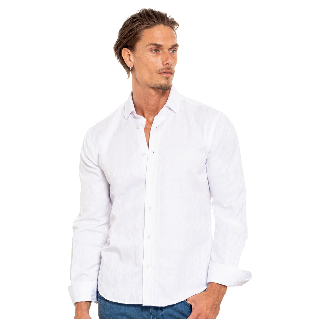 Argyle Jacquard Button Down Shirt - White Long Sleeve Button Down EightX   