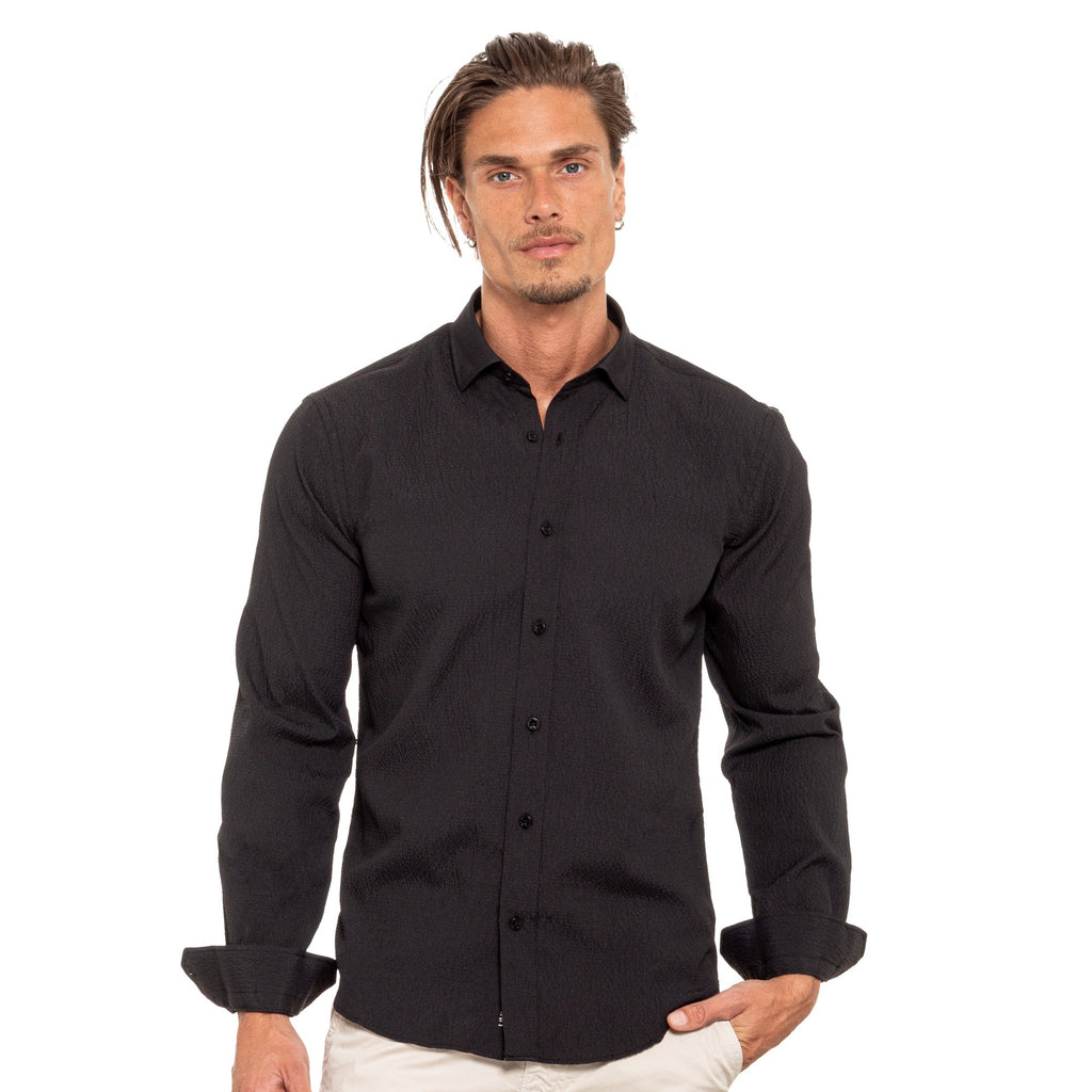 Seersucker Button Down Shirt - Black Long Sleeve Button Down EightX   