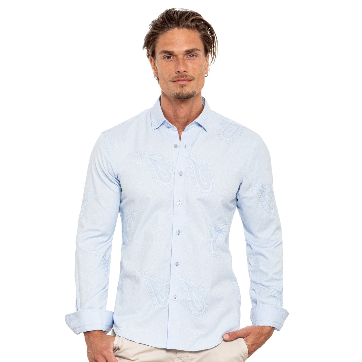 Big Paisley Jacquard Button Down Shirt - Light Blue Shirts EightX