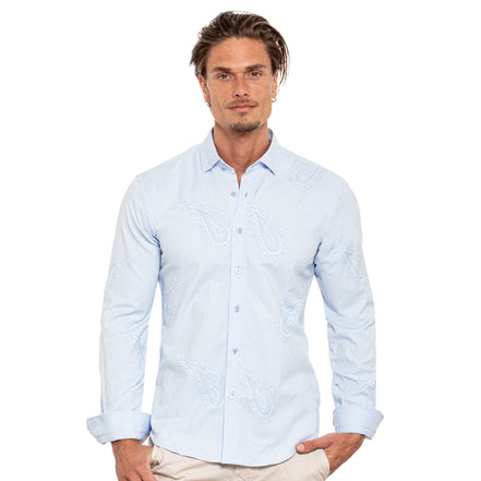 Big Paisley Jacquard Button Down Shirt - Light Blue Shirts EightX