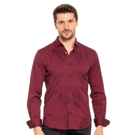 Big Paisley Jacquard Button Down Shirt - Burgundy Shirts EightX