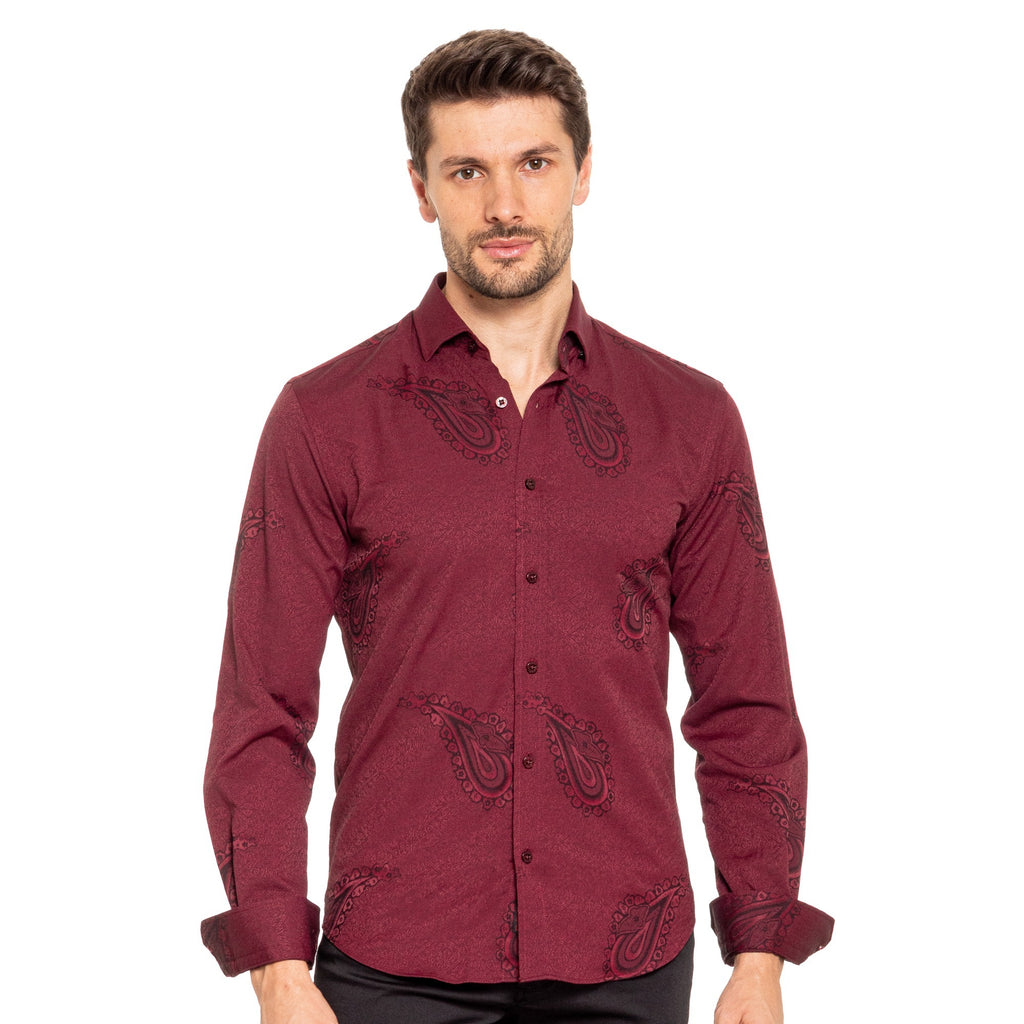 Big Paisley Jacquard Button Down Shirt - Burgundy Long Sleeve Button Down EightX   