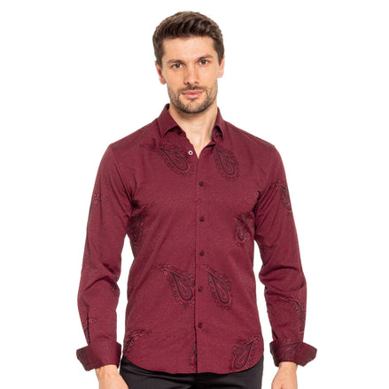 Big Paisley Jacquard Button Down Shirt - Burgundy Shirts EightX