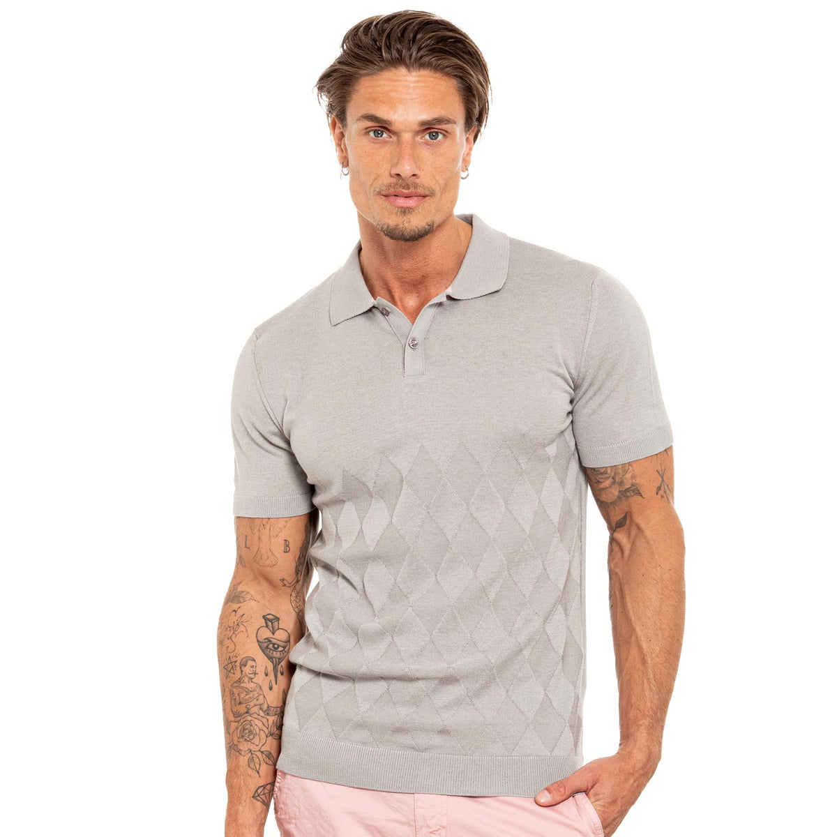 Argyle Knit Polo - Grey Polos Eight-X GREY S
