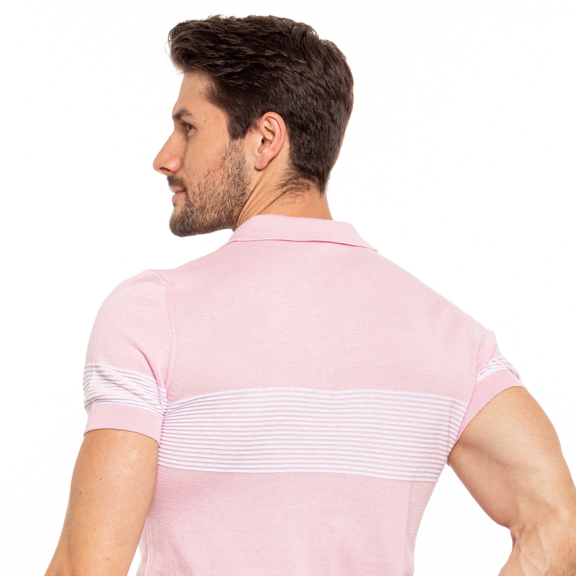 Striped Chest Knit Polo - Pink Polos Eight-X