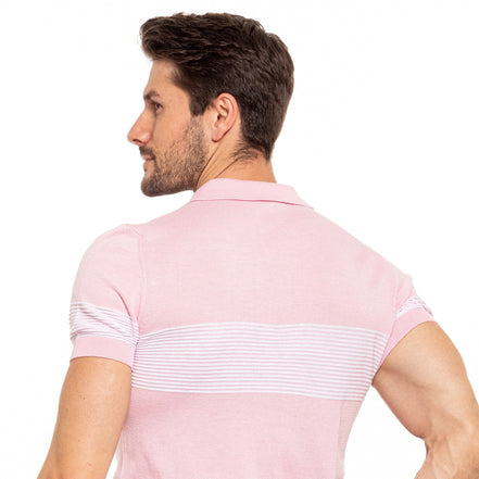 Striped Chest Knit Polo - Pink Polos Eight-X