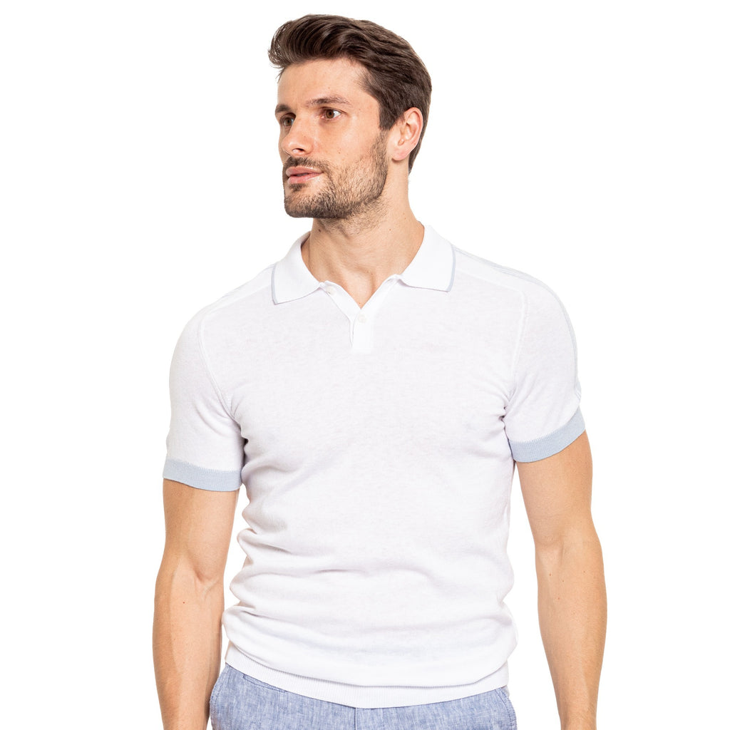 Knit Polo W/ Shoulder Design - White/Blue Knit Polos Eight-X   