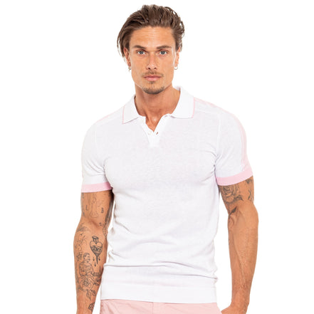 Knit Polo W/ Shoulder Design - White/Pink Polos Eight-X WHITE S