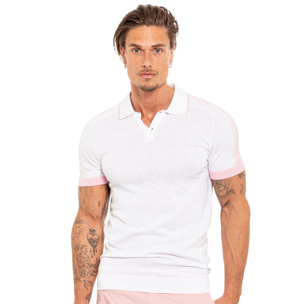 Knit Polo W/ Shoulder Design - White/Pink Knit Polos Eight-X   