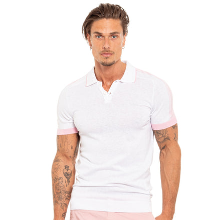 Knit Polo W/ Shoulder Design - White/Pink Polos Eight-X WHITE S