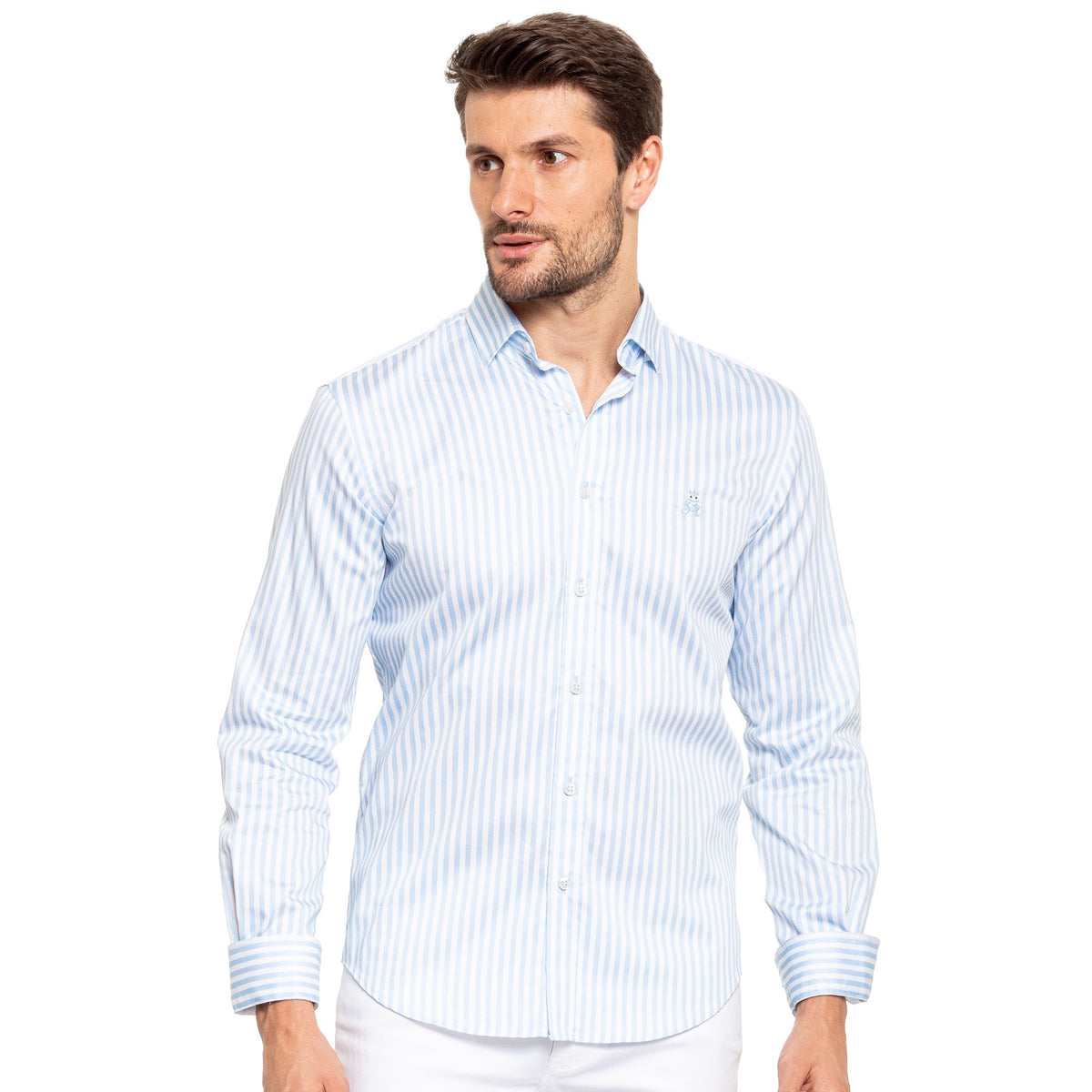 FROG Striped Button Down Shirt - Light Blue Short Sleeve Eight-X BLUE S 
