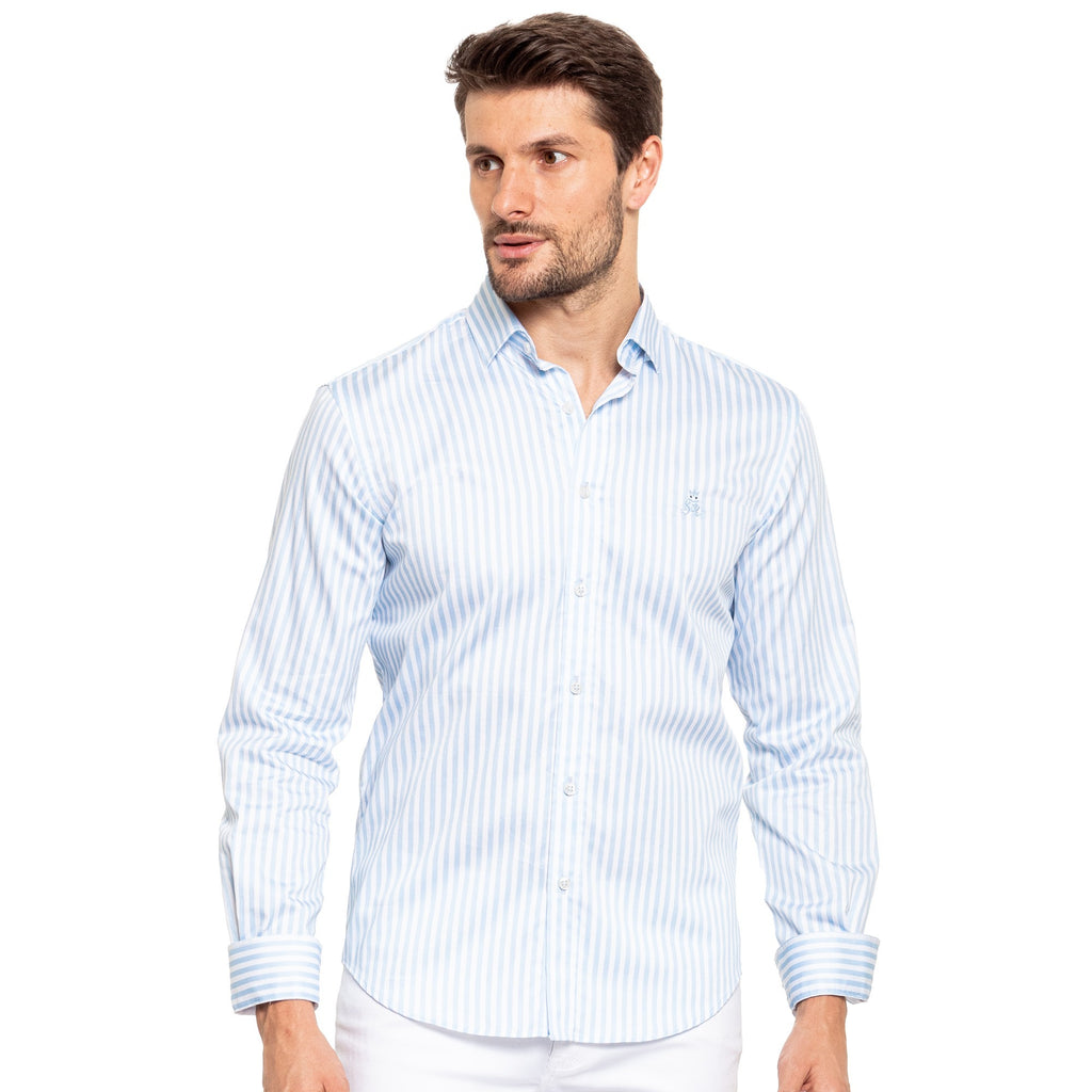 FROG Striped Button Down Shirt - Light Blue Short Sleeve Eight-X BLUE S 