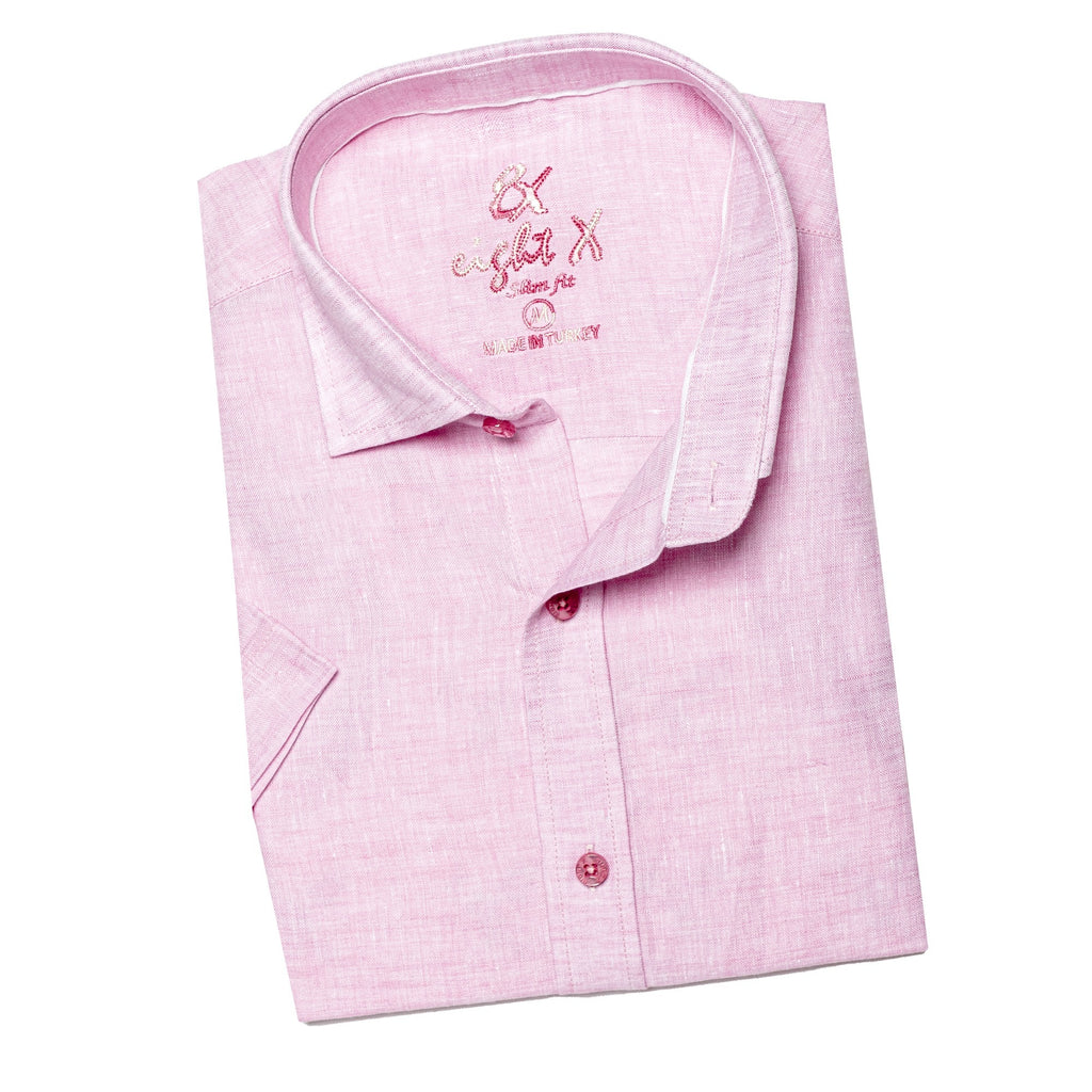 Linen Short Sleeve Shirt - Pink Short Sleeve Button Down Eight-X   