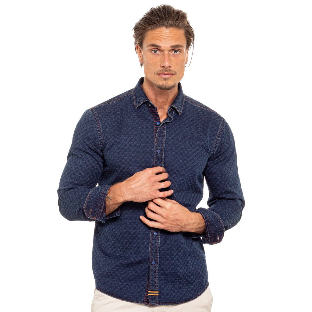 Copper Stitch Denim Jacquard Button Down Shirt Long Sleeve Button Down Eight-X   