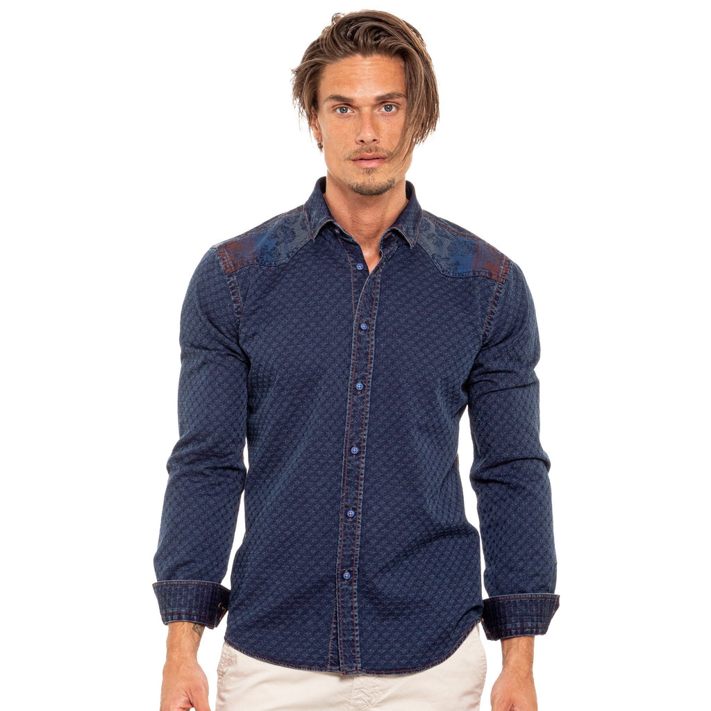 Copper Stitch Denim Jacquard Button Down Shirt - Floral Special Long Sleeve Button Down Eight-X   