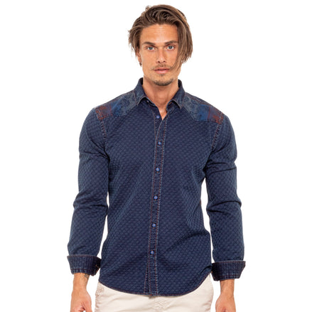 Copper Stitch Denim Jacquard Button Down Shirt - Floral Special Button Down Shirts Eight-X NAVY S