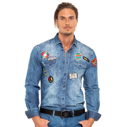 Happy Days Special Edition Patched Denim Shirt Button Down Shirts Eight-X BLUE S