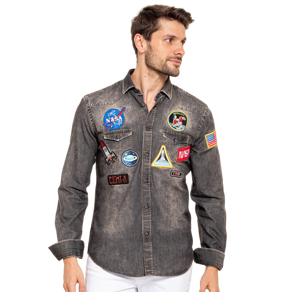 To Infinity and Beyond Special Edition Patched Denim Shirt Long Sleeve Button Down Eight-X   