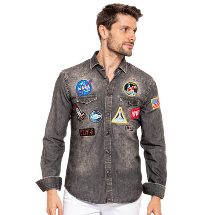 To Infinity and Beyond Special Edition Patched Denim Shirt Button Down Shirts Eight-X BLACK S