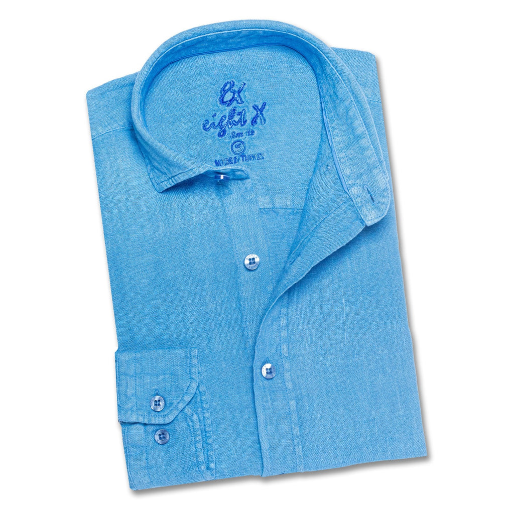 Linen Button Down Shirt - Cerulean Blue Long Sleeve Button Down Eight-X   