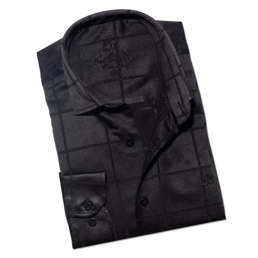 Window Pane Jacquard Shirt - Black Long Sleeve Button Down Eight-X   