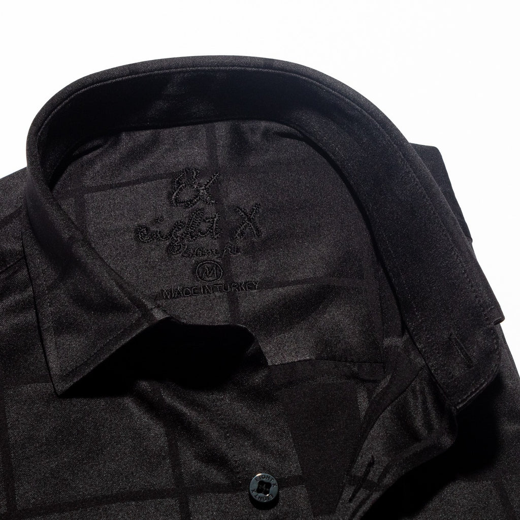 Window Pane Jacquard Shirt - Black Long Sleeve Button Down Eight-X   