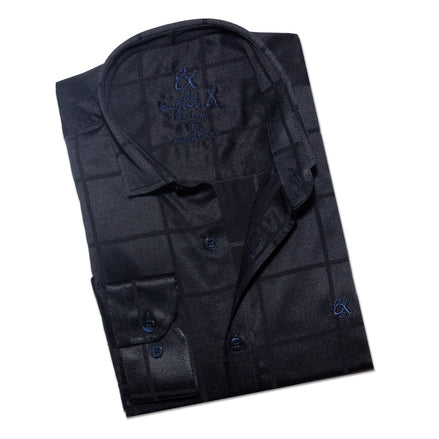 Window Pane Jacquard Shirt - Navy Button Down Shirts Eight-X