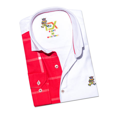 Part Plaid FROG Oxford Button Down Shirt - Red Button Down Shirts Eight-X