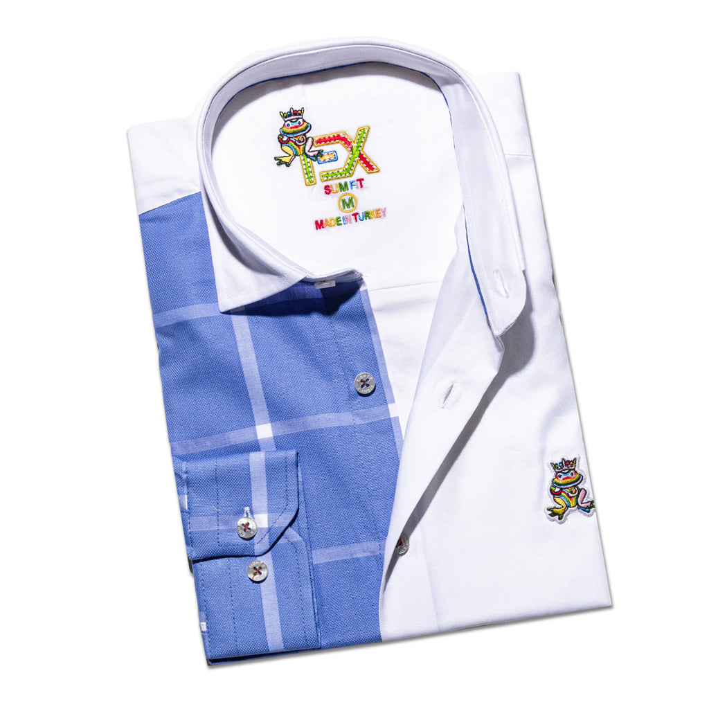 Part Plaid FROG Oxford Button Down Shirt - Blue  Eight-X   