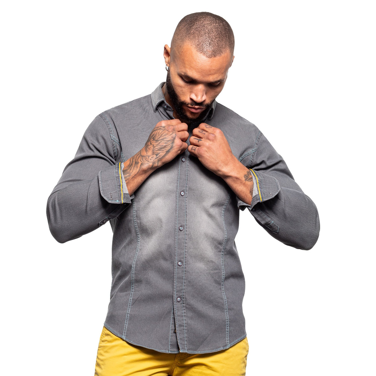 Denim Stretch Button Down Shirt - Cement Grey Button Down Shirts Eight-X GREY S