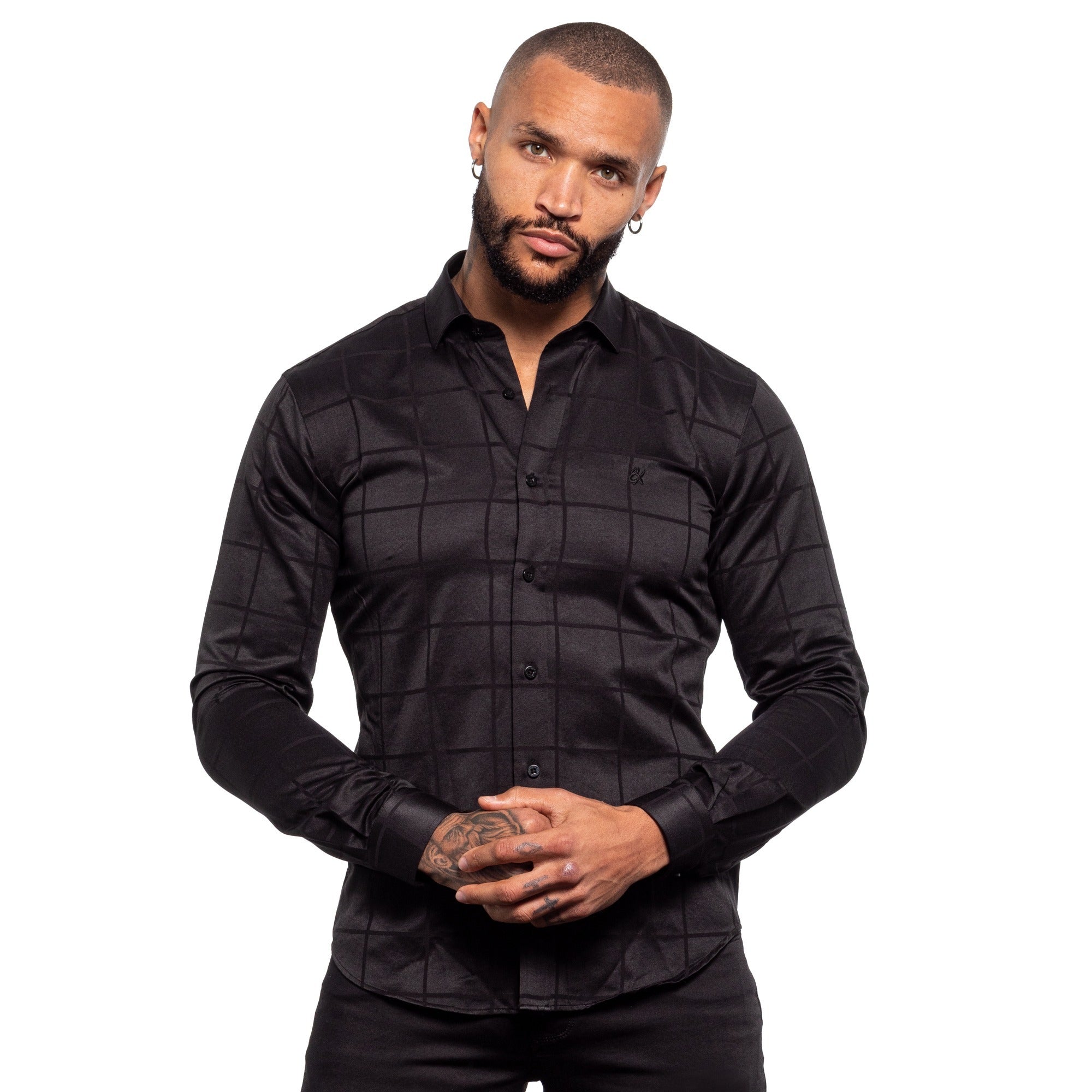 Window Pane Jacquard Shirt - Black Button Down Shirts Eight-X BLACK S