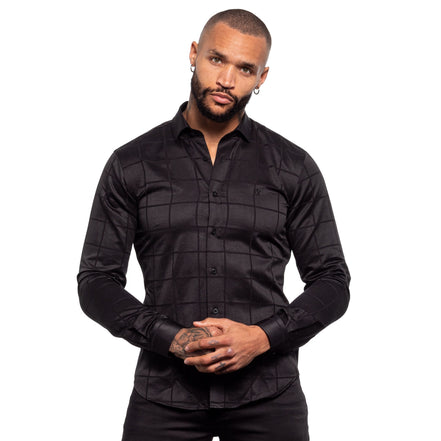 Window Pane Jacquard Shirt - Black Button Down Shirts Eight-X BLACK S