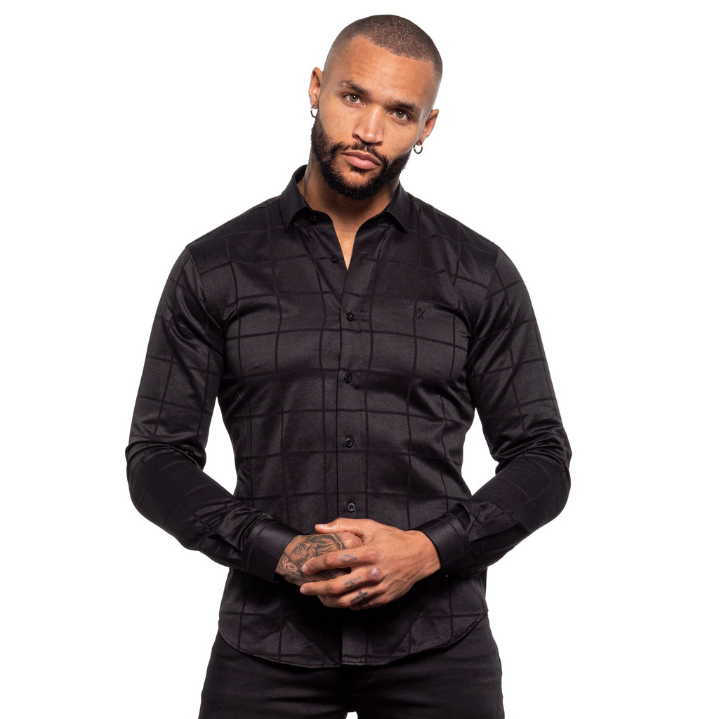 Window Pane Jacquard Shirt - Black Long Sleeve Button Down Eight-X   